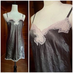 Victoria’s Secret Gunmetal Gray Satin Shimmering Pink Trim Slip Dress Sz Medium